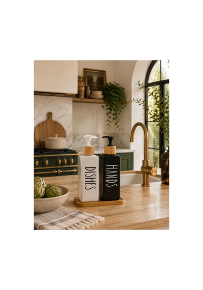 Buççin Online Mağaza Bambu Altlıklı İkili Kare Cam Sıvı Sabunluk Deterjan Seti 500ml+500ml Cam Beyaz Çok Renkli