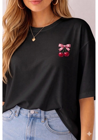 Minimal Kiraz Desenli Baskılı T-shirt Siyah