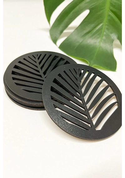 Yaprak Desenli Ahşap Mdf Bardak Altlığı 6'lı Set Siyah