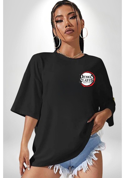 Shinobu Kocho Demon Slayer Siyah Oversize Unisex Ön Ve Sırt Baskılı Tişört Siyah