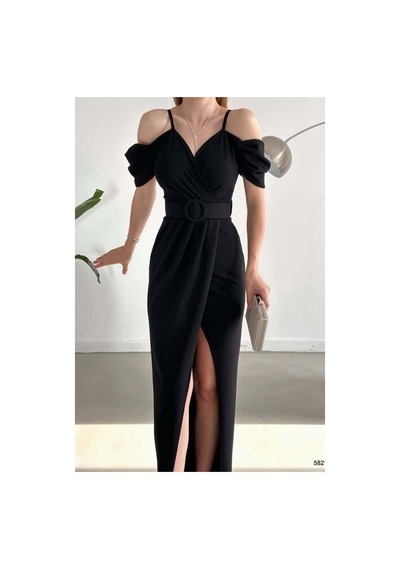 Lior Design Kadın Trend Krep Kumaş V Yaka Yırtmaçlı Abiye Elbise Siyah