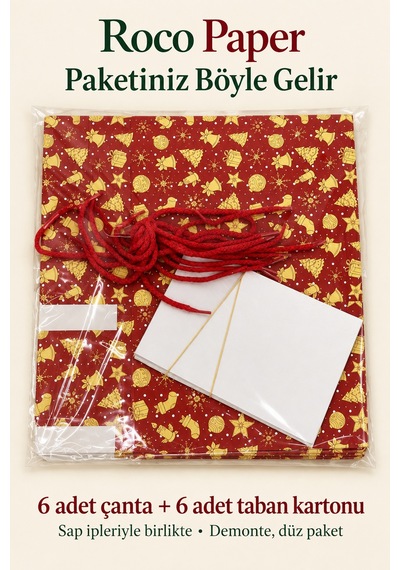 Yılbaşı Masal Temalı Hediye Çantası - 6'lı Set, 20x14x25 Cm, Yeniyıl Tasarımlı Karton Hediye Poşeti