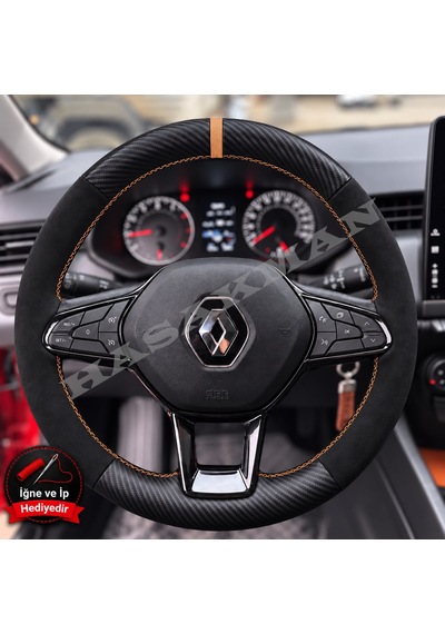 Renault Megane 4 Dikme Direksiyon Kılıfı Alcantara Süet Mat Karbon Taba Yüzük Ve Dikiş 2020-2024 Siyah