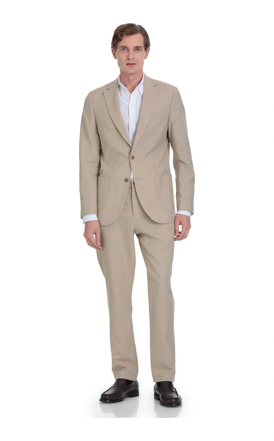 Hatemoğlu Vizon Slim Fit Mono Yaka Keten Takım Elbise Vizon