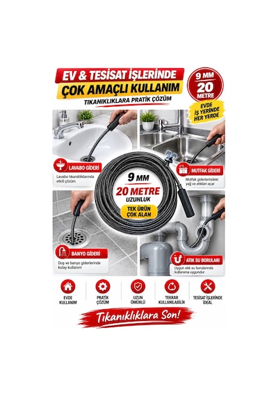 9 Mm 20 Metre Susta Kanal Açıcı Spiral Manuel Gider Açma Teli, Lavabo Mutfak Banyo Tıkanıklık Aç