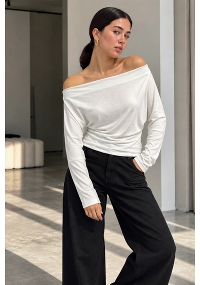 Bb Butik Basic Kadın Madonna Yaka Dökümlü Modal Uzun Kollu Bluz My3535 Beyaz
