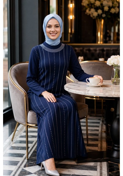 Hb Harma Time Butik Kadın Taş İşlemeli Kristal Kumaş Uzun Tesettür Lacivert Elbise