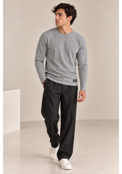 Alexandergardi Bisiklet Yaka İnce Fitilli Basic Sweatshirt Gri Melanj