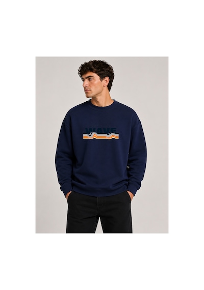Herkesemoda Wave Baskı Detaylı Bisiklet Yaka Şardonlu 2 İplik Sweatshirt Lacivert