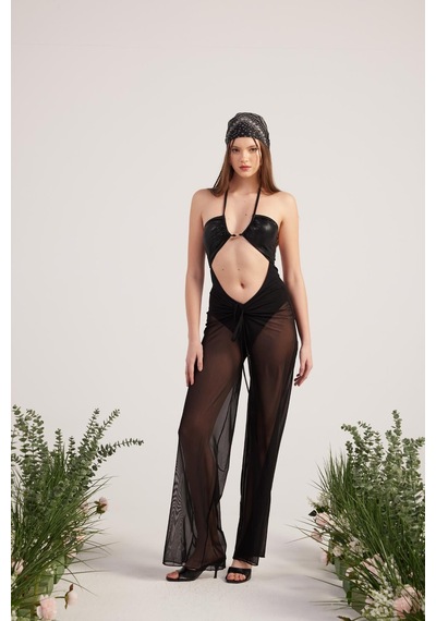 Holly Lolly Beli İp Detaylı Tül Pareo Shirred Pantolon Siyah