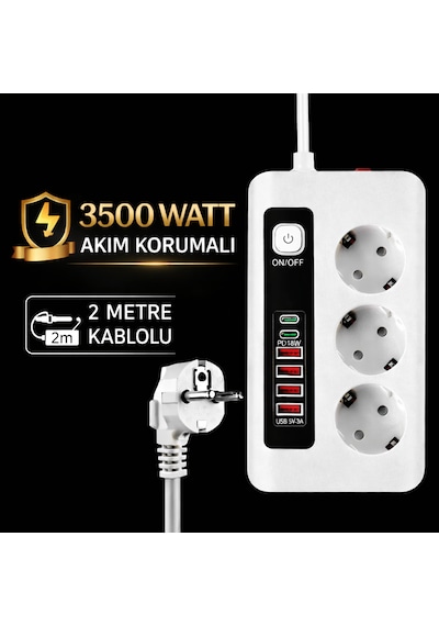 3500w Akım Korumalı 3 Lü Priz 2 Type-c + 4 Usb Girişli Açma Kapama Anahtarlı 2 Metre Kablolu 2 M