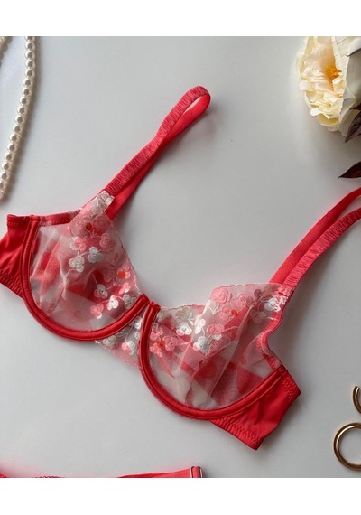 Daniela Kadın Nar Çiçeği Çiçek Desenli Tanga Detaylı Transpran Seksi İkili Sütyen Takım