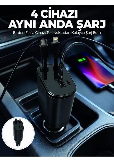 120w Hızlı Şarj Destekli 4'ü 1 Arada Araç Şarj Cihazı Type-c, Lightning, Usb Ve Usb-c Çıkışlı