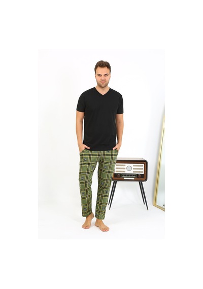 Akbeniz Erkek Ekoseli Desen Penye Tek Alt Pijama 27540 Haki