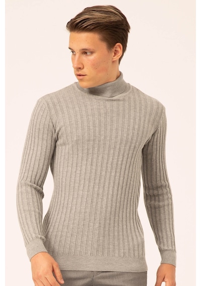 Ateş Triko Erkek Balıkçı Yaka Slim Fit Fitilli Triko Kazak 6091288 Gri