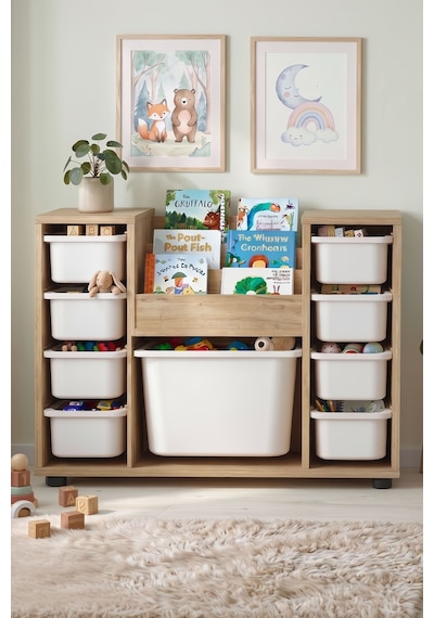 9 Sepetli Dolap Oyuncak Dolabı Çok Amaçlı Dolap Montessori Kitaplıklı Aden Safir Meşe