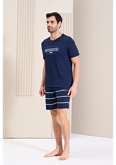 Over Sleep By Poleren Erkek Pijama Takımı Şortlu Kısa Kol Lacivert