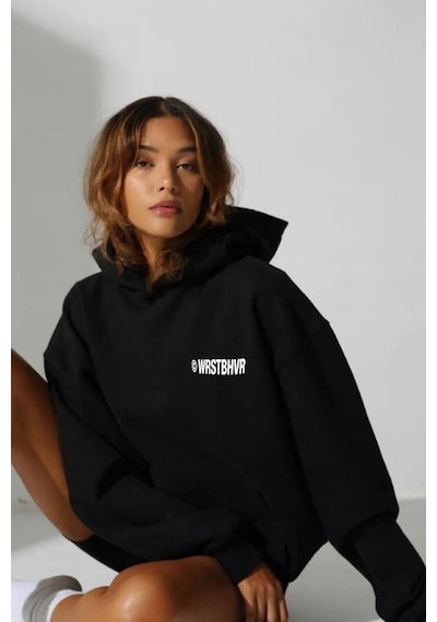 Blackjack Giyim Kadın Siyah Whrstbhvr Baskılı Kapüşonlu Sweatshirt Siyah