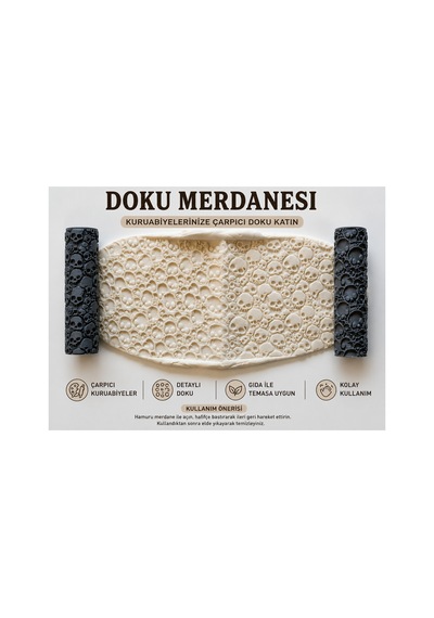 Kafatası Desenli Doku Merdanesi 2'li Set 10 X 2,8 Cm Kurabiye Hamuru Baskı Merdanesi Diğer