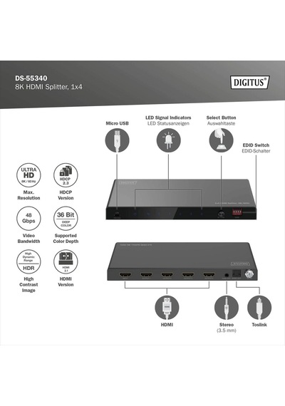 Digitus 1x4 Hdmı Splitters Ayırıcı, 8k/60hz 4:4:4 , Toslink, Stereo, Edıd Kontrolü