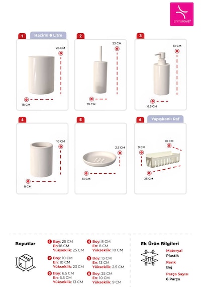 Primanova Flores Banyo Seti + Yapışkanlı Raf - Bej