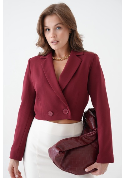 Saade Sââde Kadın Regular Fit Kruvaze Kapama Dokuma Crop Blazer Ceket -şık & Spor Bordo