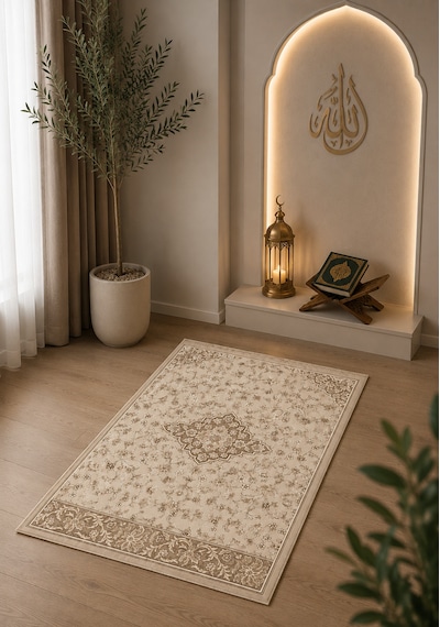 Krem Klasik Desenli Dijital Baskı Seccade Geleneksel Motifli Namaz Seccadesi Bej Krem
