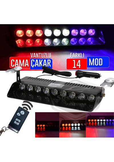 S1 Kumandalı Cam İçi Vantuzlu Polis Çakar 9 Ledli Kırmızı Beyaz Mavi 14 Mod Çakmaklık Girişli 00 Şüscaroto Aksesuar