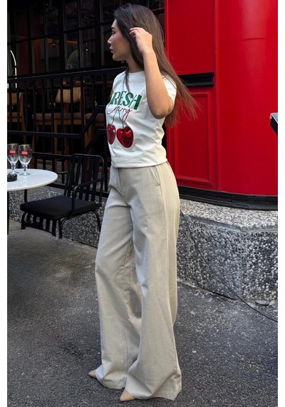 Madmext Çağla Yeşili Yüksek Bel Keten Wide Leg Pantolon Mg2718