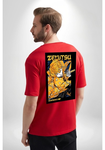 Zenitsu Agatsuma Anime Kırmızı Oversize Unisex Ön Ve Sırt Baskılı Tişört Kırmızı