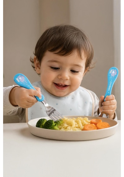 Çocuk Mama Kaşığı Çatal Seti Silikon Saplı Figürlü Metal Uçlu Bebek Yemek Seti Mavi