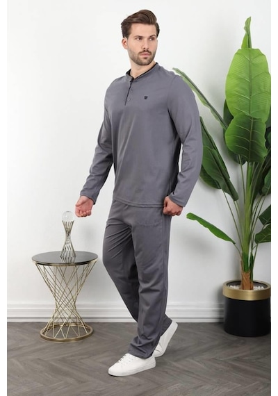 Madmext Füme Düğmeli Yaka Erkek Pijama Takımı E7333 Füme
