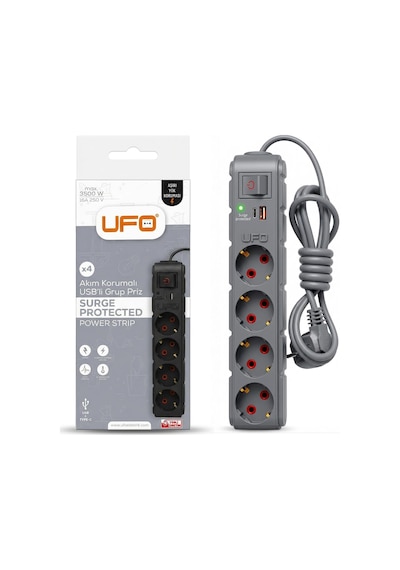 Yeni 4lü Akım Korumalı Grup Priz 1,5 Metre Bakır Kablolu, 5v 2,4a Usb Ve Type-c İle Şarj, Anahtarlı Topraklı Priz, Sürekli Koruma, 16a 250v, Max 3500w Aşırı Yük Koruması, 1,5m. Gri Renk