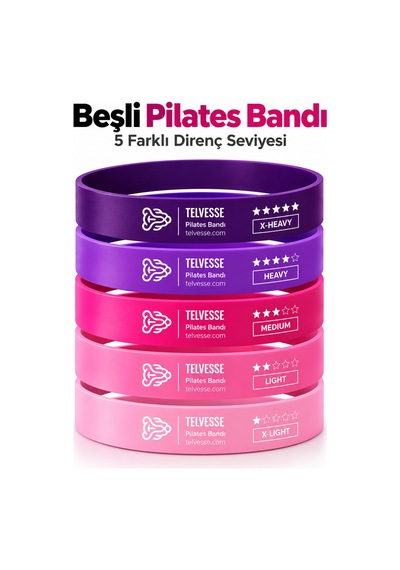 Pilates Bandı Direnç Lastiği Egzersiz Fitness Seti Taşıma Çantalı 5 Adet Mor-pembe