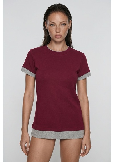 Bordo Bisiklet Yaka Çift Renkli Basic Tişört Mg2682 Bordo