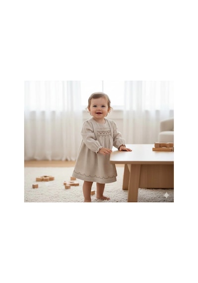 Lamato Baby Robası Sıra Çiçekli Bebe Kız Elbise Bej
