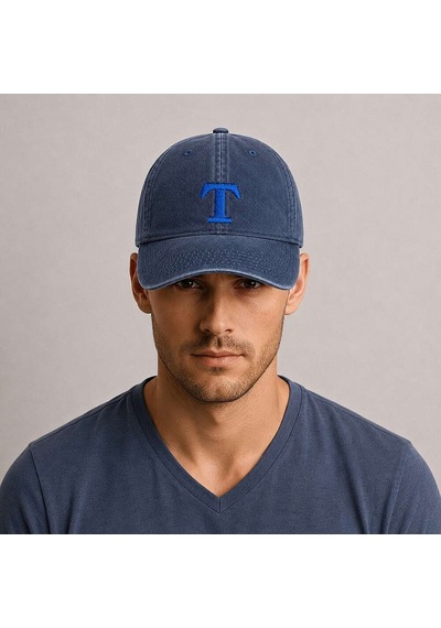 Tesbihane Unisex Vintage Beyzbol Şapkası - İsme Özel Harf Nakışlı - Eskitme Kumaş - Metal Tokalı Lacivert