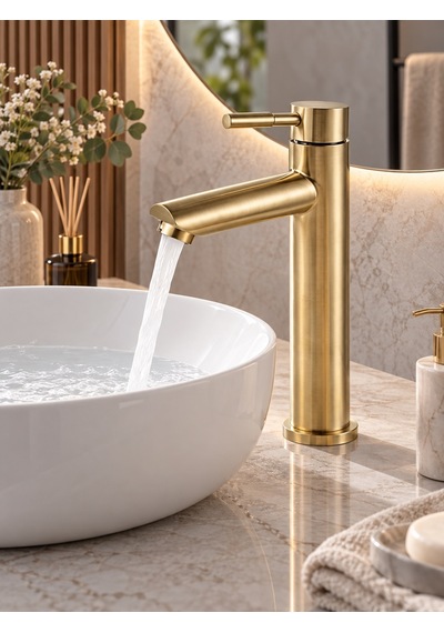 Alfas Mat Gold Çanak Lavabo Bataryası Fırçalı Altın 304 Paslanmaz Çelik Banyo Bataryası Sıcak Soğuk