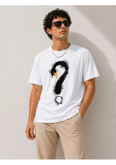 Defymoda Erkek Kuğu Figürlü Soru İşareti Baskılı Tişört Kısa Kol T-shirt - Beyaz