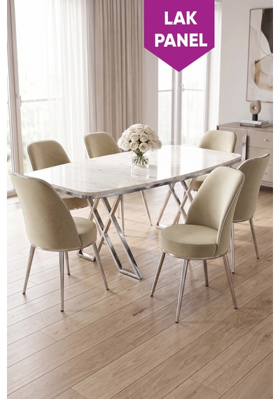 Peras Serisi 90x160 Lak Panel Beyaz Mermer Desen Krom Ayaklı Masa Takımı 6 Sandalye Beyaz Mermer Masa Krem Sandalye Peras Serisi 90x160 Lak Panel Beyaz Mermer Desen Krom Ayaklı Masa Takımı 6 Sandalye Beyaz Mermer Masa Krem Sandalye
