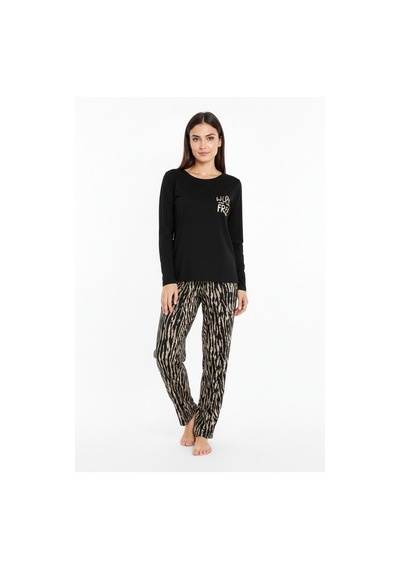 Üstü Yazılı Altı Kahverengi Zebra Desenli Elite Viscose Uzun Pijama Takımı Siyah 3553 Metalik