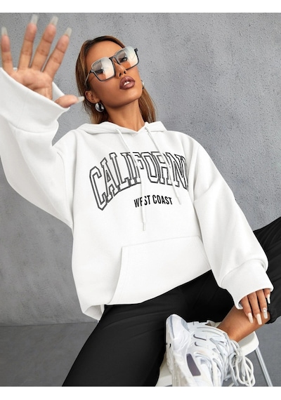 Unisex Calıfornia Baskılı Kapüşonlu Sweatshirt Beyaz Beyaz