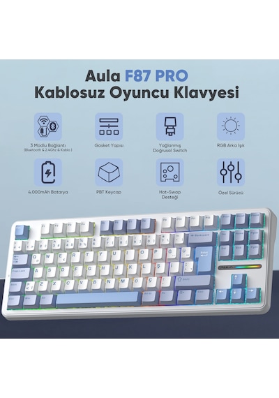 Aula F87 Pro Mekanik Rgb Tkl Graywood V4 Switch Kablosuz Makrolu Hot Swap Türkçe Q Klavye Buz Mavisi