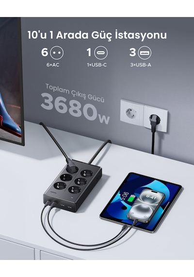 UGREEN 6’lı Grup Priz, 20W USB-C, USB-A Çıkışlı Şarj İstasyonu, 1.5 m Kablolu, 75141