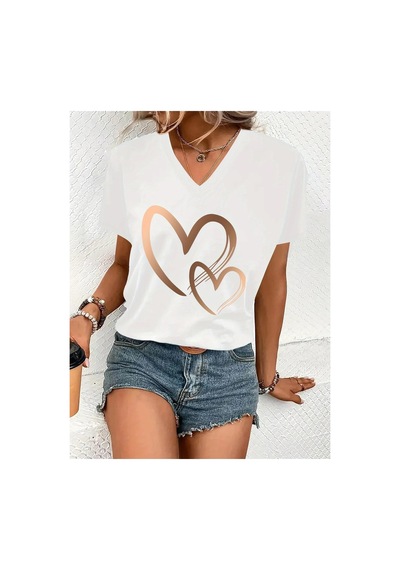 Tarzsokak Kadın Gold Kalp Baskılı Beyaz V Yaka T-shirt Baskılı Oversize