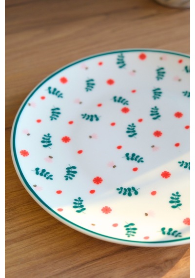 Tabak Evi Porselen Yeşil Çiçekli Pasta Tabağı Yeşil Fileli 20,50cm Krem