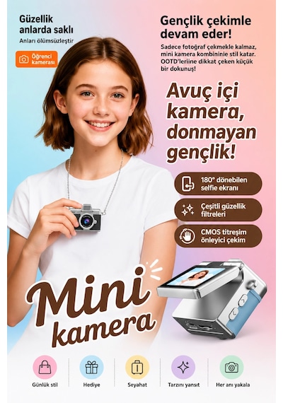 Cepaks Lk-027 Beyaz Retro Mini Dijital Fotoğraf Makinesi Hd Video, Katlanabilir Ekranlı 48 Mp Flaşlı