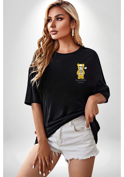 Mutlu Ol Siyah Oversize Unisex Ön Sol Yan Minimal Baskılı Tişört Koyu Siyah