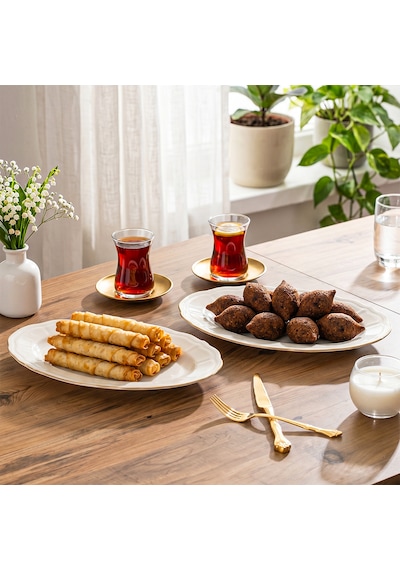 Porsima 4445 Tiffany Porselen Altın Fileli Kayık Tabak Seti - Oval Kahvaltılık Sunumluk Seti 30cm Beyaz