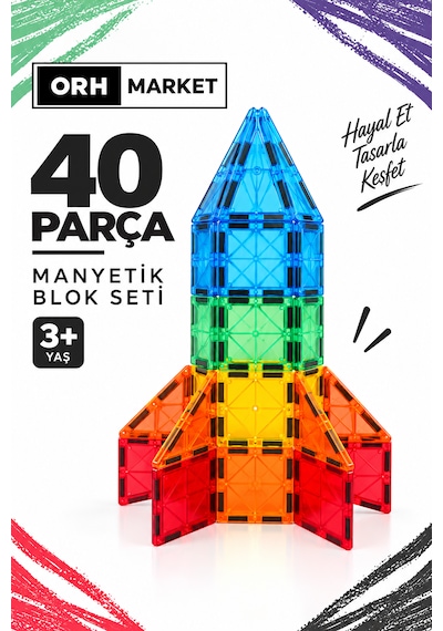 Orh Market 40 Parça Büyük Boy 7.5cm Manyetik Blok Seti Güçlü Mıknatıslı Zeka Geliştirici Oyuncak